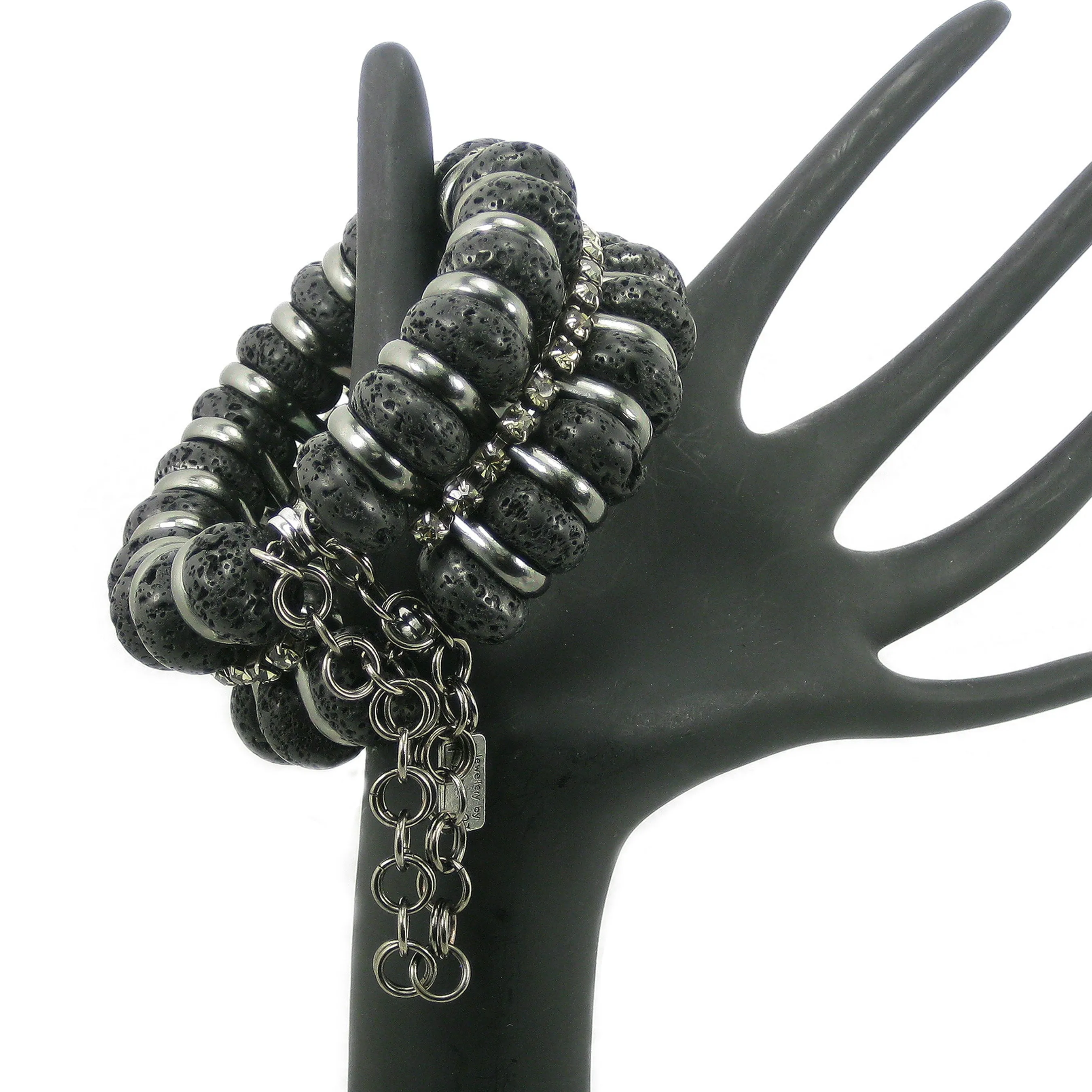 #1023b Lava Rock, Gunmetal & Rhinestone Cuff Bracelet