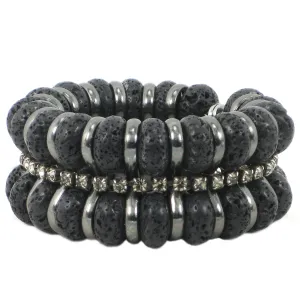 #1023b Lava Rock, Gunmetal & Rhinestone Cuff Bracelet