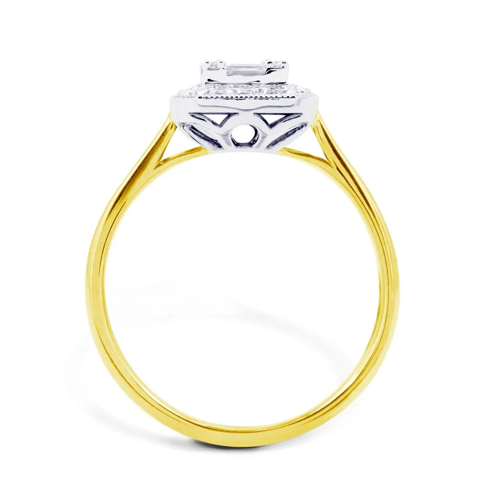 18ct Yellow Gold 0.46ct Baguette And Round Brilliant Cut Diamond Fancy Halo Ring