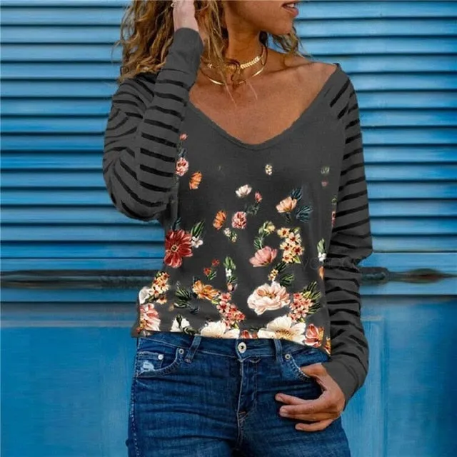 2021 Women's  V-Neck Blouse Print Pullover Top Sizes S - 3XL