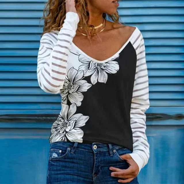 2021 Women's  V-Neck Blouse Print Pullover Top Sizes S - 3XL