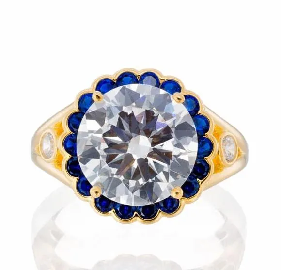 5 Carat Round Cut and Sapphire Blue Cubic Zirconia Halo Engagement Ring - Yellow Gold Plated Sterling Silver