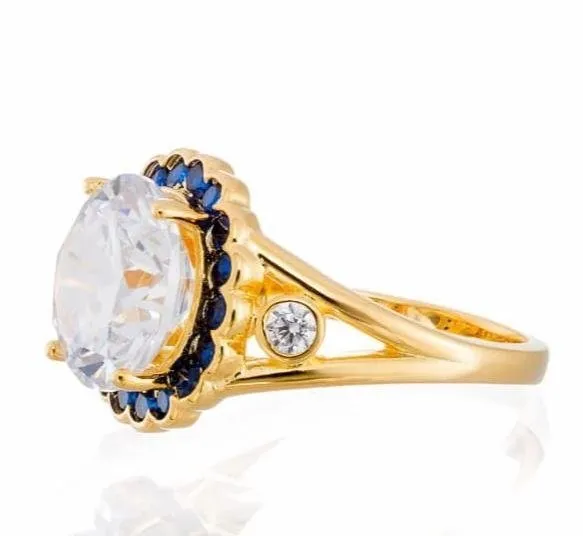 5 Carat Round Cut and Sapphire Blue Cubic Zirconia Halo Engagement Ring - Yellow Gold Plated Sterling Silver