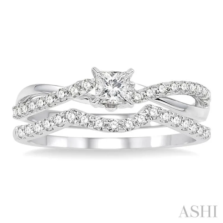 5/8 Ctw Diamond Wedding Set with 1/2 Ctw Princess Cut Engagement Ring and 1/5 Ctw Wedding Band in 14K White Gold