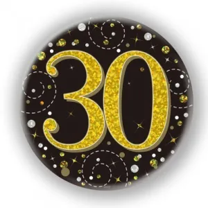 7.5cm Sparkling Fizz Black Gold Birthday Badge - 30th