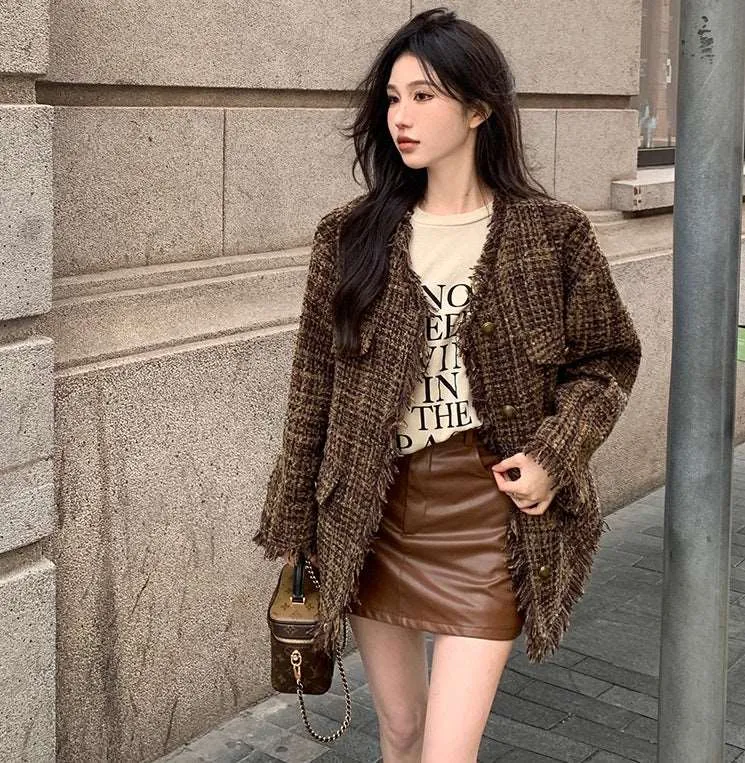 Autumn Classy Fringed V-Neck Brown Tweed Jacket