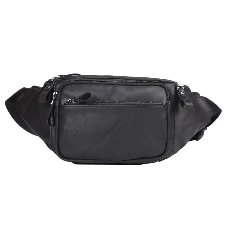 Badass Leather Fanny Pack Men's Black Chest Bag Hip Bag 8 inches Waist Bag For Men