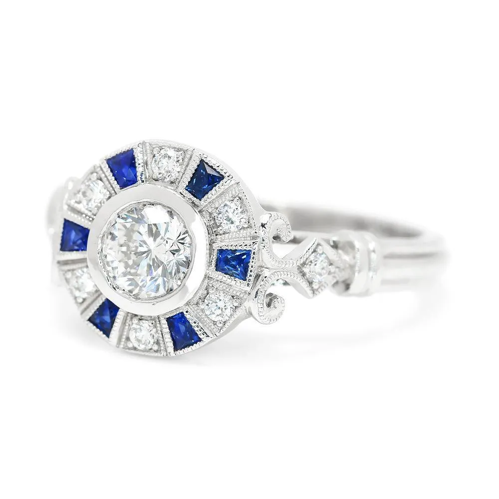 Bezel Set Round Diamond Engagement Ring with Sapphires