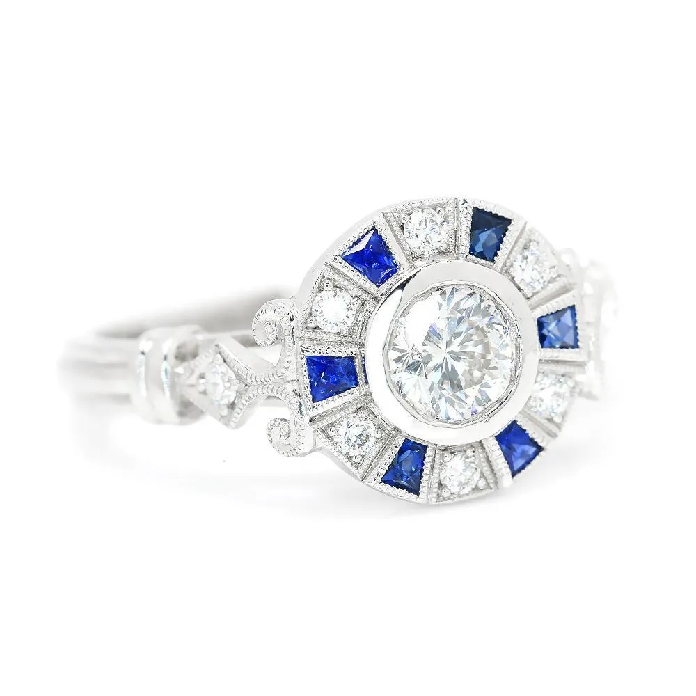 Bezel Set Round Diamond Engagement Ring with Sapphires