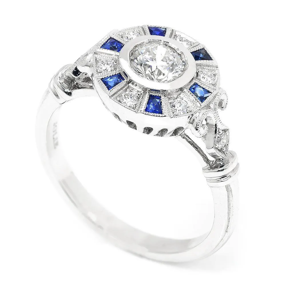 Bezel Set Round Diamond Engagement Ring with Sapphires