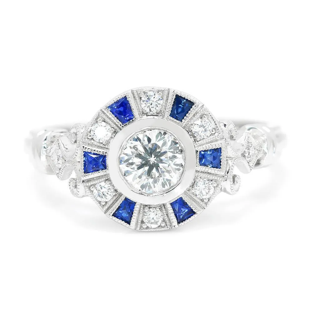 Bezel Set Round Diamond Engagement Ring with Sapphires