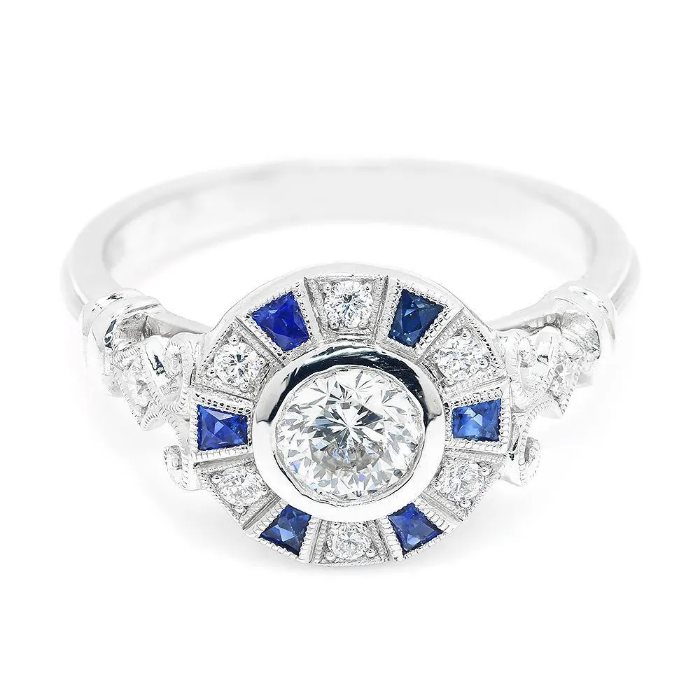 Bezel Set Round Diamond Engagement Ring with Sapphires