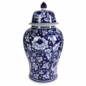 Blue And White Porcelain Jar with Lid, 9.5 by 18-Inch