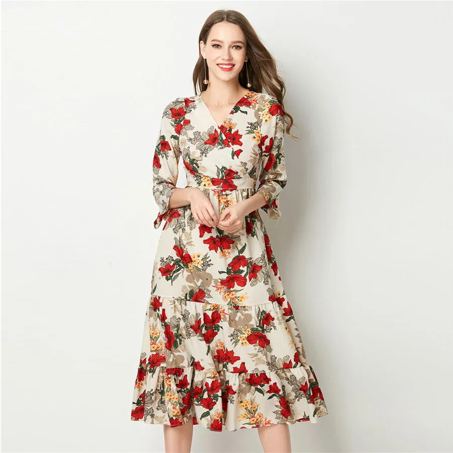 Bohemian Floral Chiffon Flare Sleeve Dress