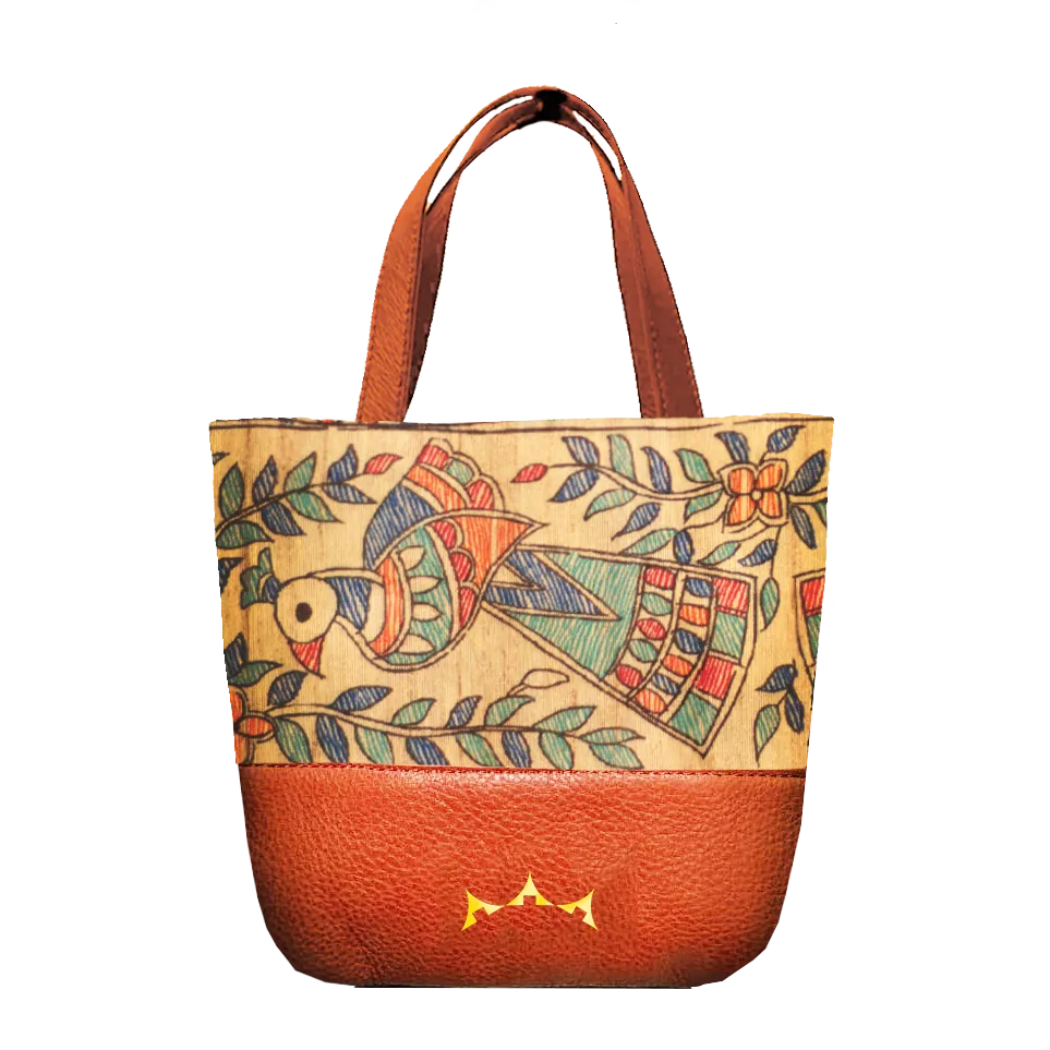 Bulbul Madhubani Mini Tote with Sling - Tan Brown