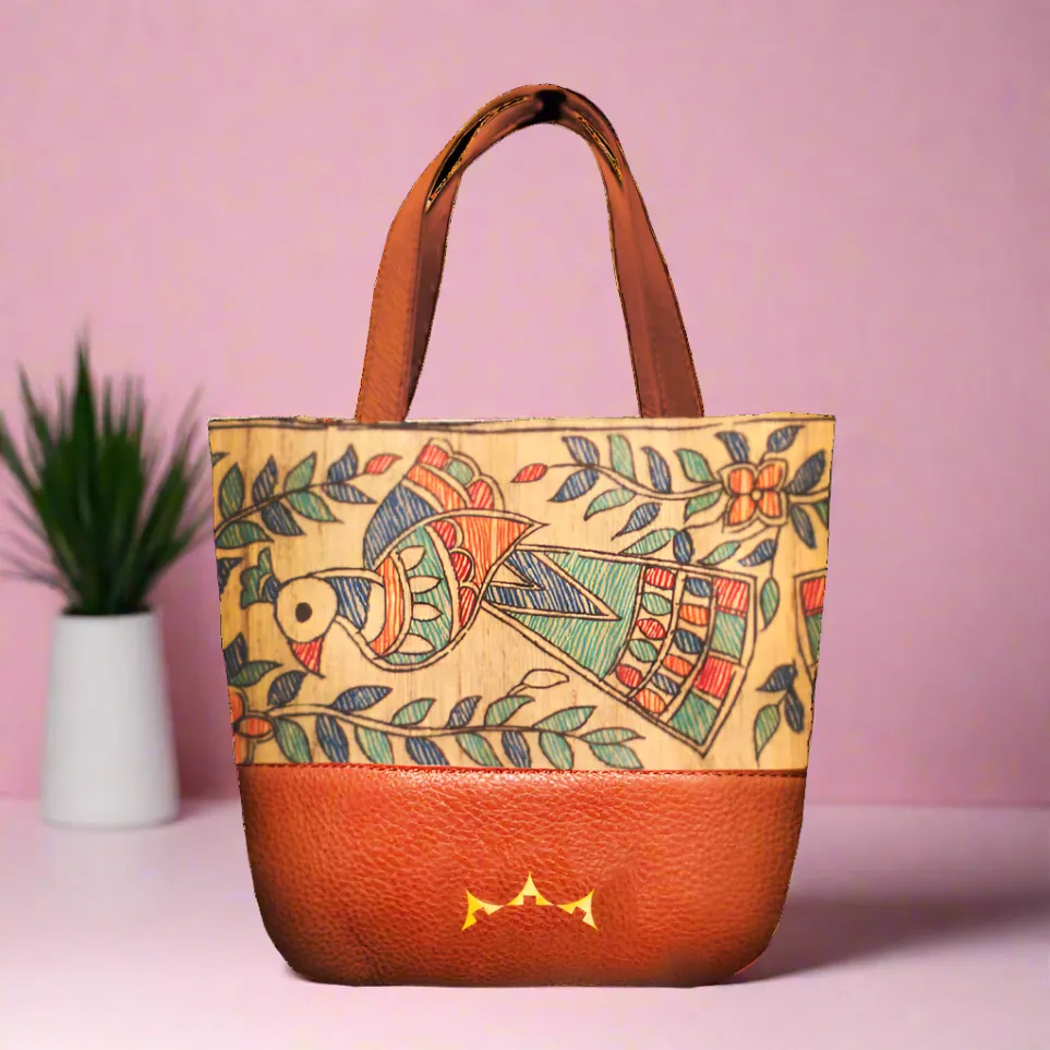 Bulbul Madhubani Mini Tote with Sling - Tan Brown