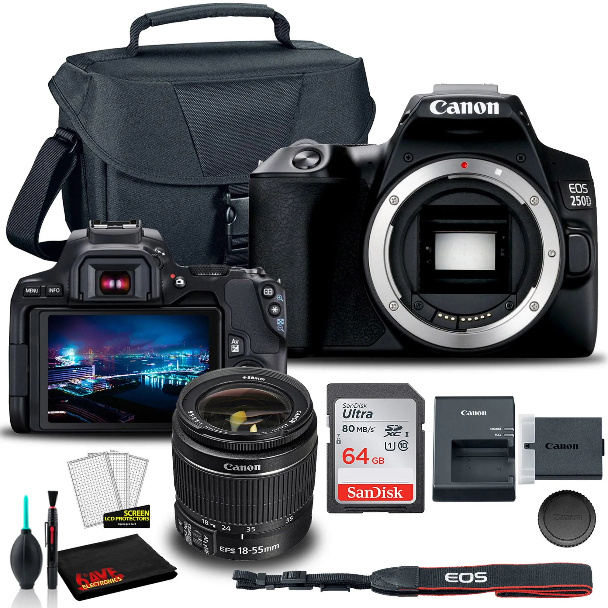 Canon EOS 250D DSLR Camera with 18-55mm Lens (Black) (3453C002)    EOS Bag    Sandisk Ultra 64GB Card   Cleaning Set And More (International Model)