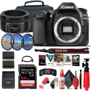 Canon EOS 80D DSLR Camera (Body Only) (1263C004)   EF 50mm Lens   64GB Advanced Bundle