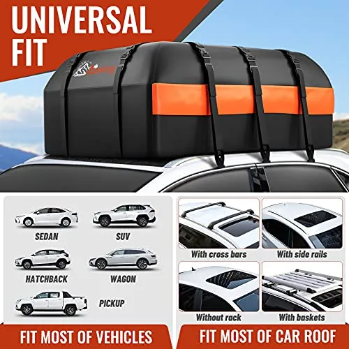 Car Rooftop Cargo Carrier Bag, 15 Cubic Feet Waterproof Heavy Duty 840D Car Roof Bag for All Vehicle with/Without Racks - Anti-Slip Mat, 6 Door Hooks, Storage Bag, 2 Extra Straps, Luggage Lock