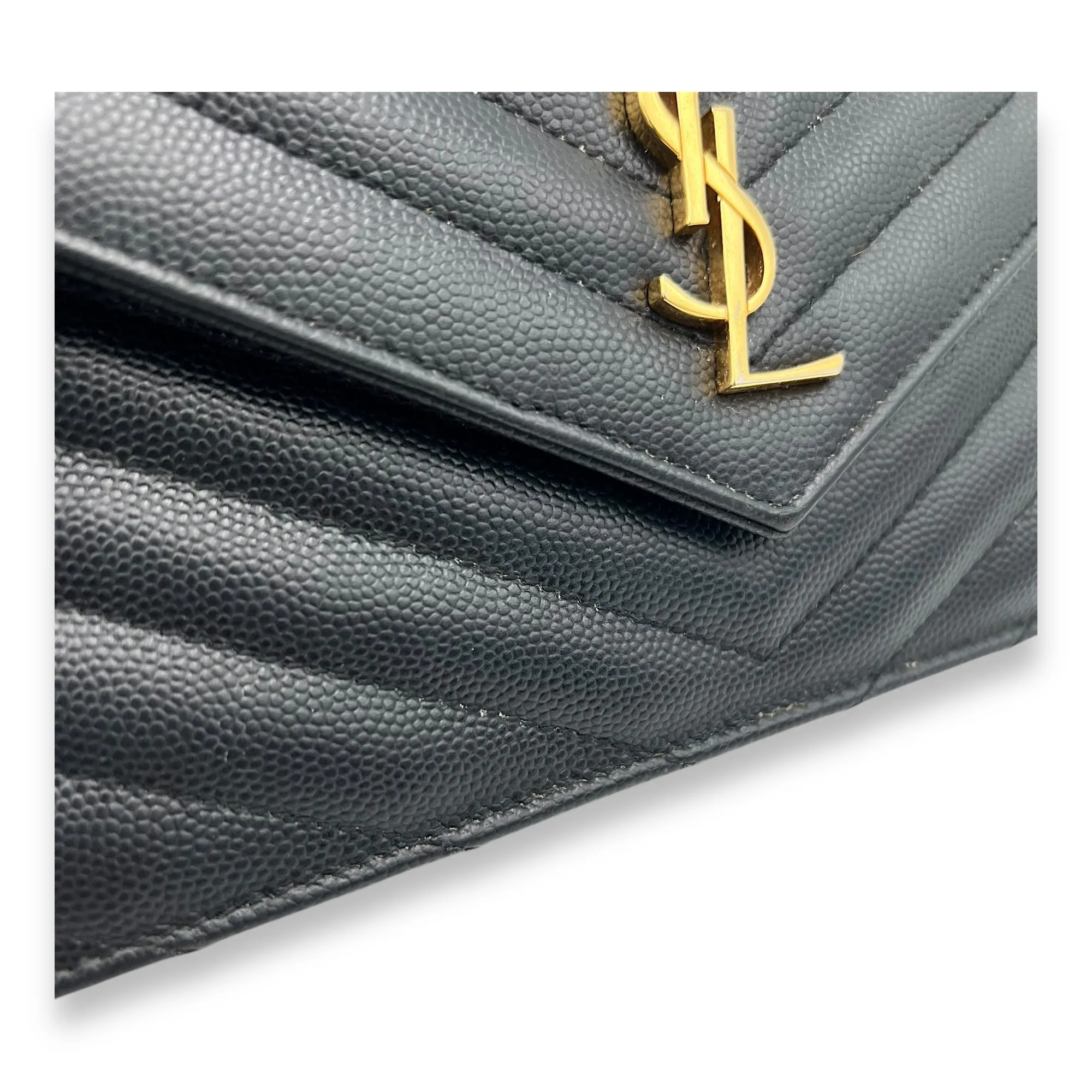 Cassandre Black Wallet On Chain in Calfskin, Gold hardware