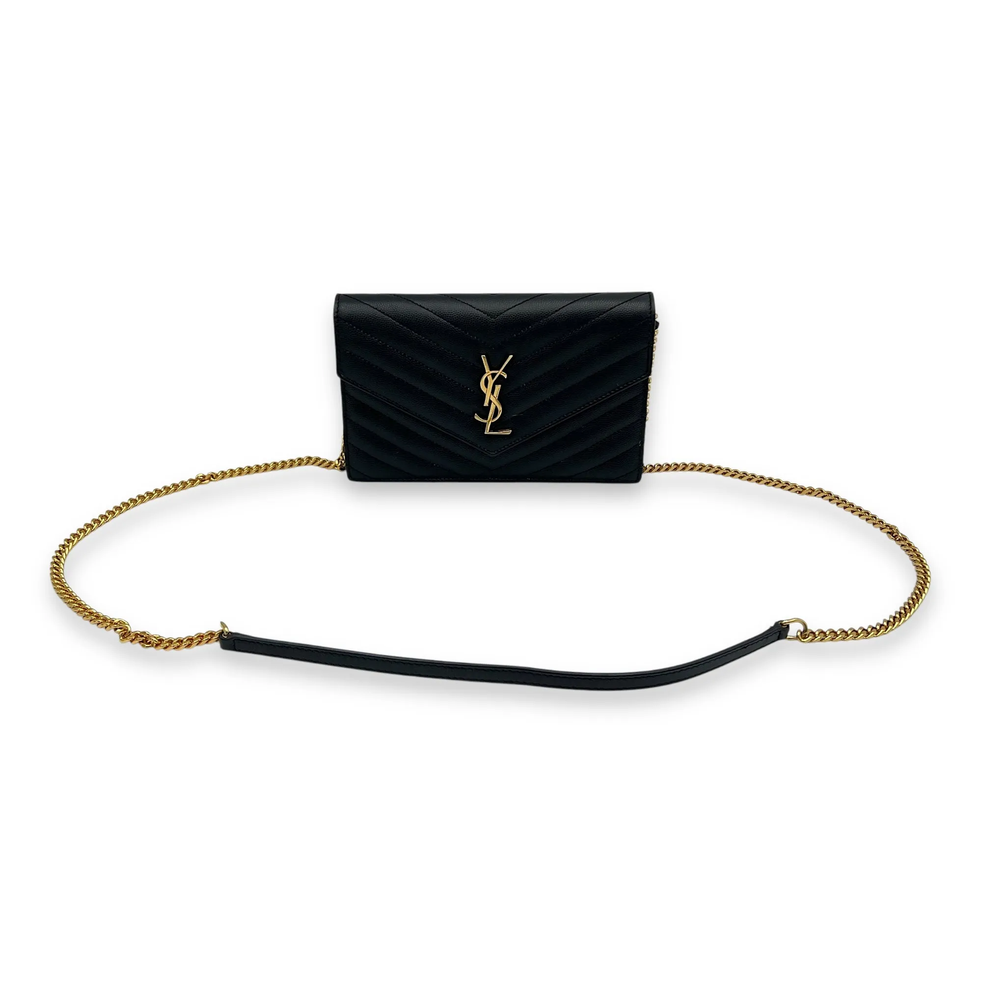 Cassandre Black Wallet On Chain in Calfskin, Gold hardware