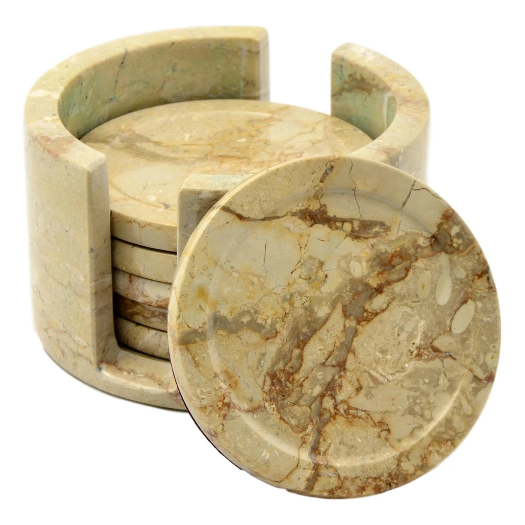 Coaster Set with Holder Crafted from Sahara Beige Marble