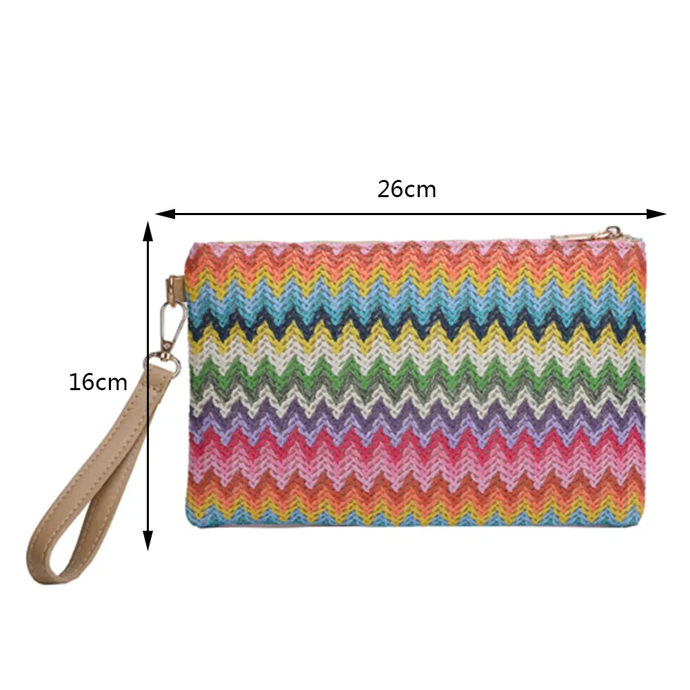 Colorful Wave Straw Woven Bag Women's Flip Clutch Bag Summer Beach Handbag Hand-woven Bag Mobile Phone Bag Female Purse Wallet