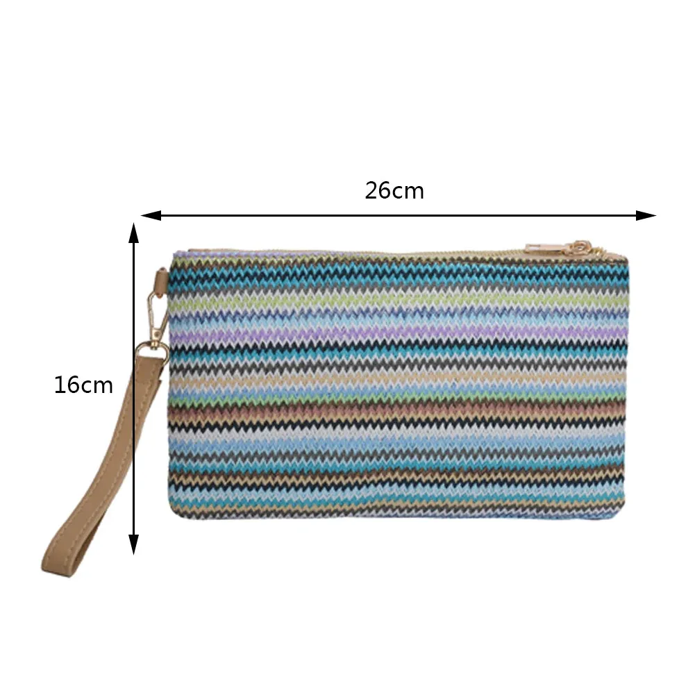 Colorful Wave Straw Woven Bag Women's Flip Clutch Bag Summer Beach Handbag Hand-woven Bag Mobile Phone Bag Female Purse Wallet