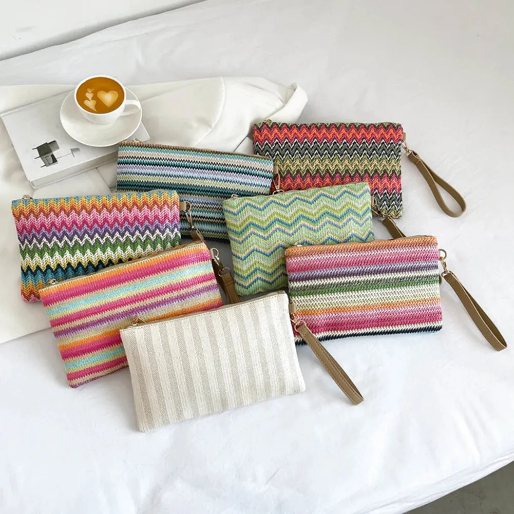 Colorful Wave Straw Woven Bag Women's Flip Clutch Bag Summer Beach Handbag Hand-woven Bag Mobile Phone Bag Female Purse Wallet