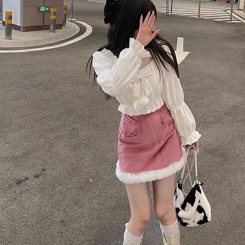 Cute White & Pink Plush Velvet Mini Skirt