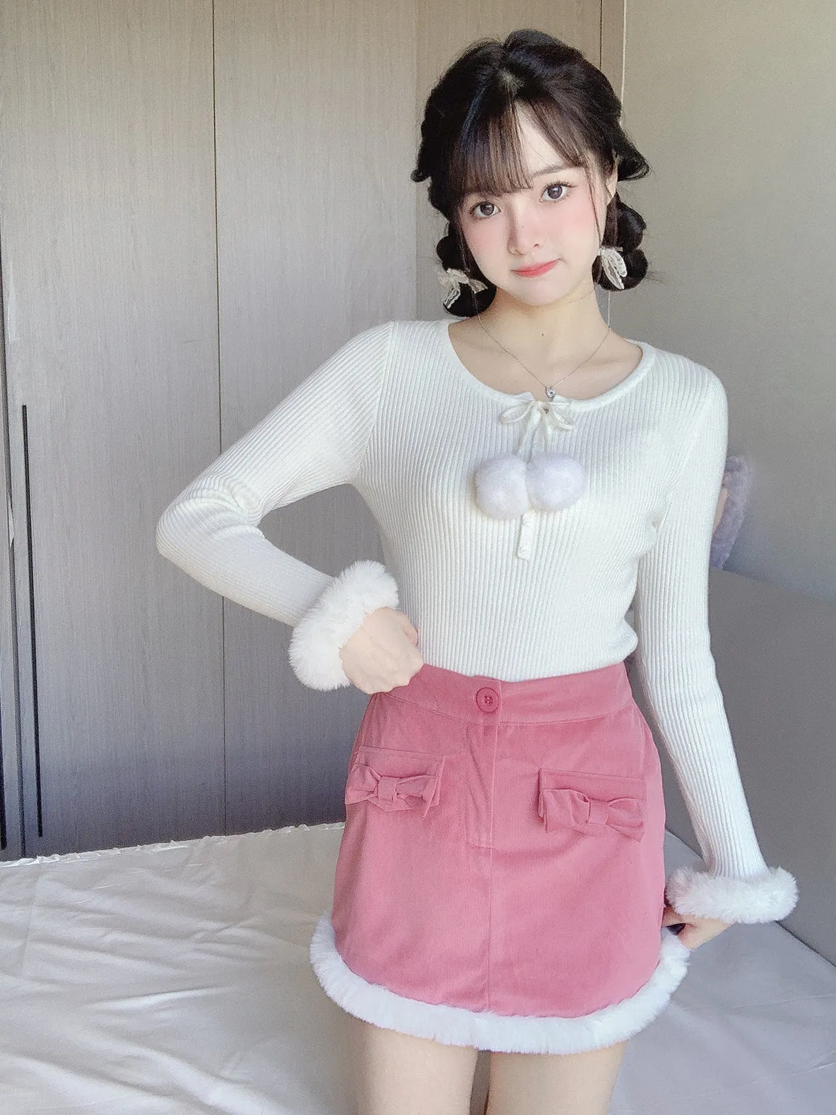 Cute White & Pink Plush Velvet Mini Skirt