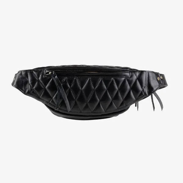 Diamond Stitched Leather Waist Bag - Black IHE-45-BLK