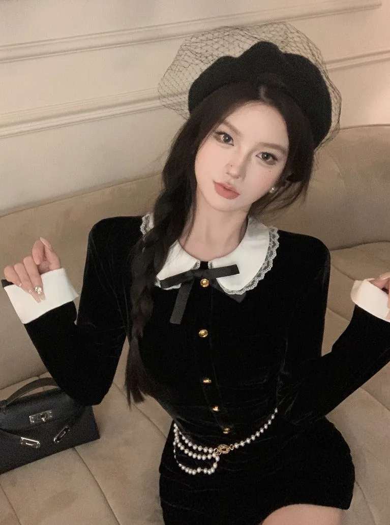 Doll Lace Collar Bow Fall Winter Chic Waist Chain Black Dress