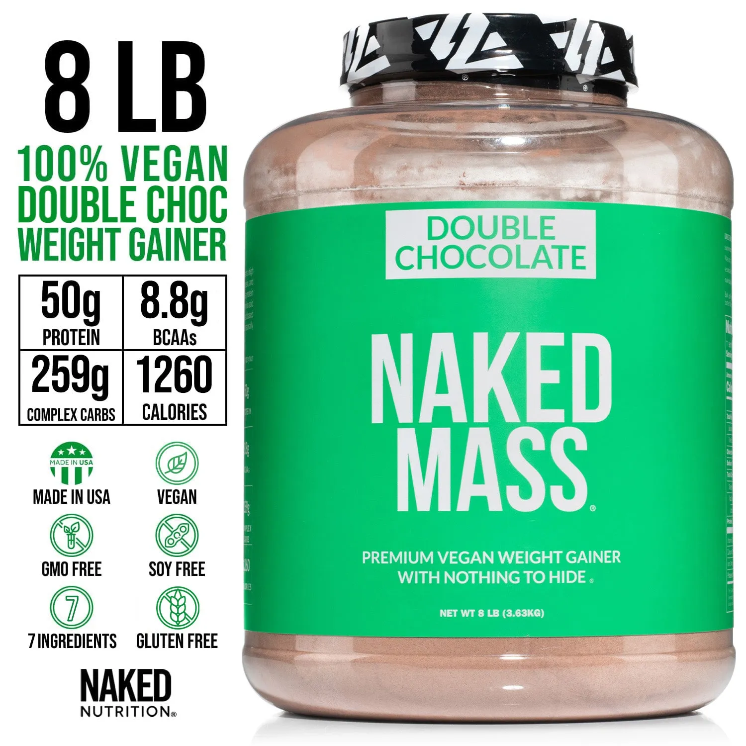 Double Chocolate Vegan Weight Gainer Supplement | Naked Vegan Mass - 8LB