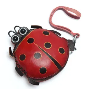 elvesmall Women Genuine Leather Ladybug Pattem Mini Coins Bag Card Holder Coin Purse