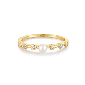 Gold Freshwater Pearl and White Cubic Zirconia Bezel Set Ring