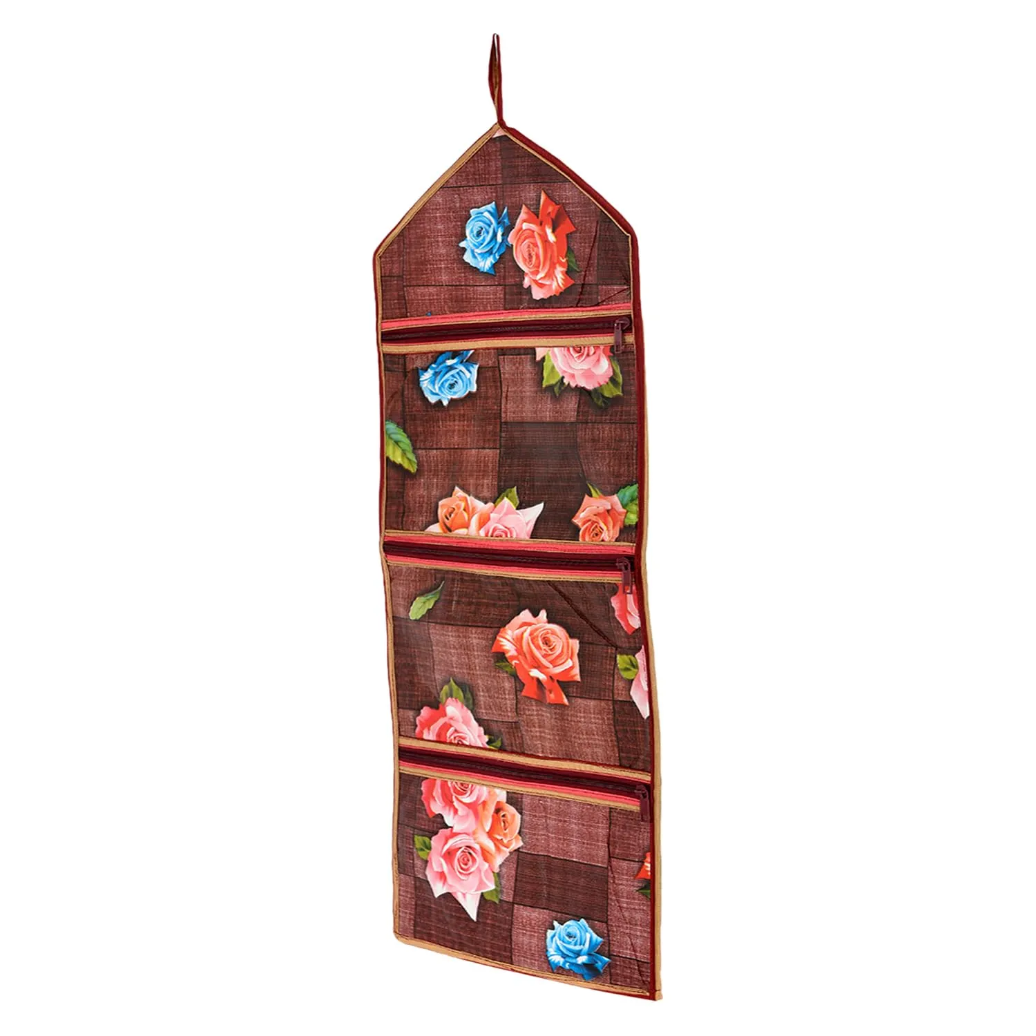 Heart Home Paper Holder | Foldable Hanging Organizer | PVC Flower Pattern Document Holder | 3 Pocket Wall Hanging Holder with Zipper | Maroon