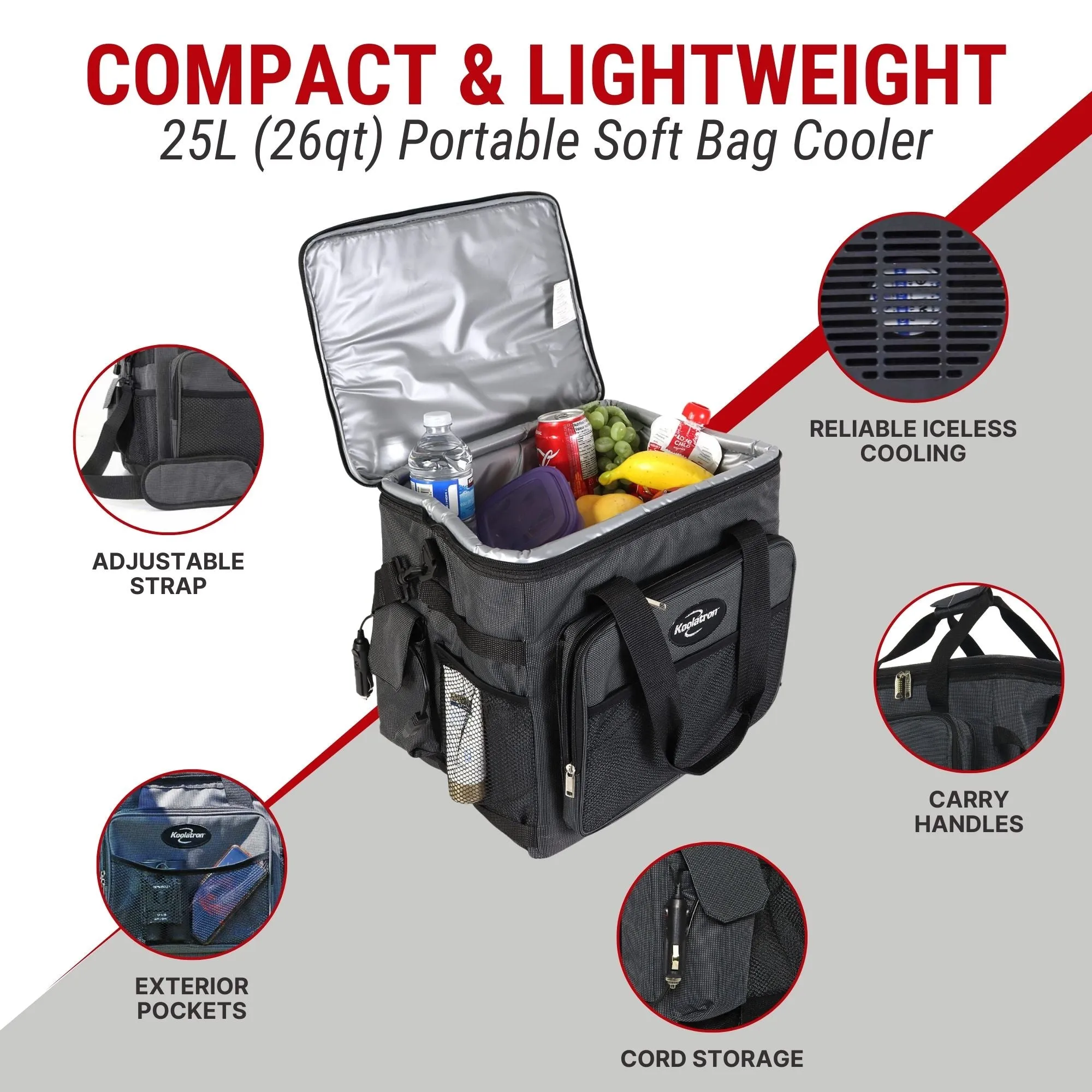 Koolatron 12V Electric Cooler Bag, 25L (26qt), Thermoelectric Soft Bag Cooler, 12 Volt DC Connection, Foldable Storage, Plug In Iceless Portable Fridge, For Work Travel Picnic Vehicle Car, Gray/Black