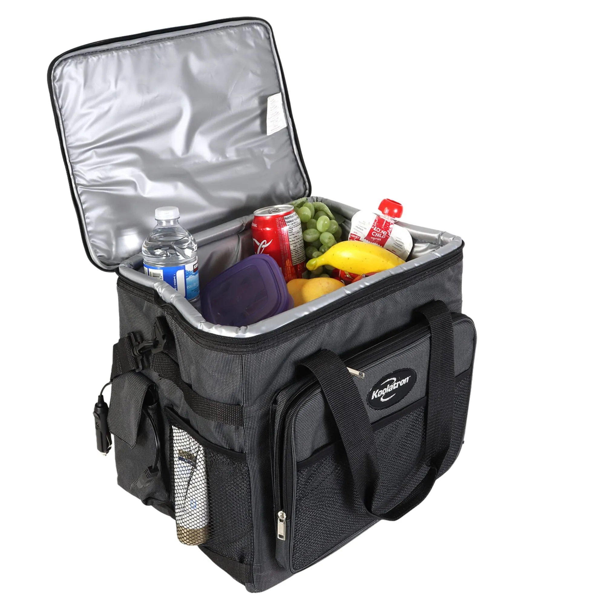 Koolatron 12V Electric Cooler Bag, 25L (26qt), Thermoelectric Soft Bag Cooler, 12 Volt DC Connection, Foldable Storage, Plug In Iceless Portable Fridge, For Work Travel Picnic Vehicle Car, Gray/Black