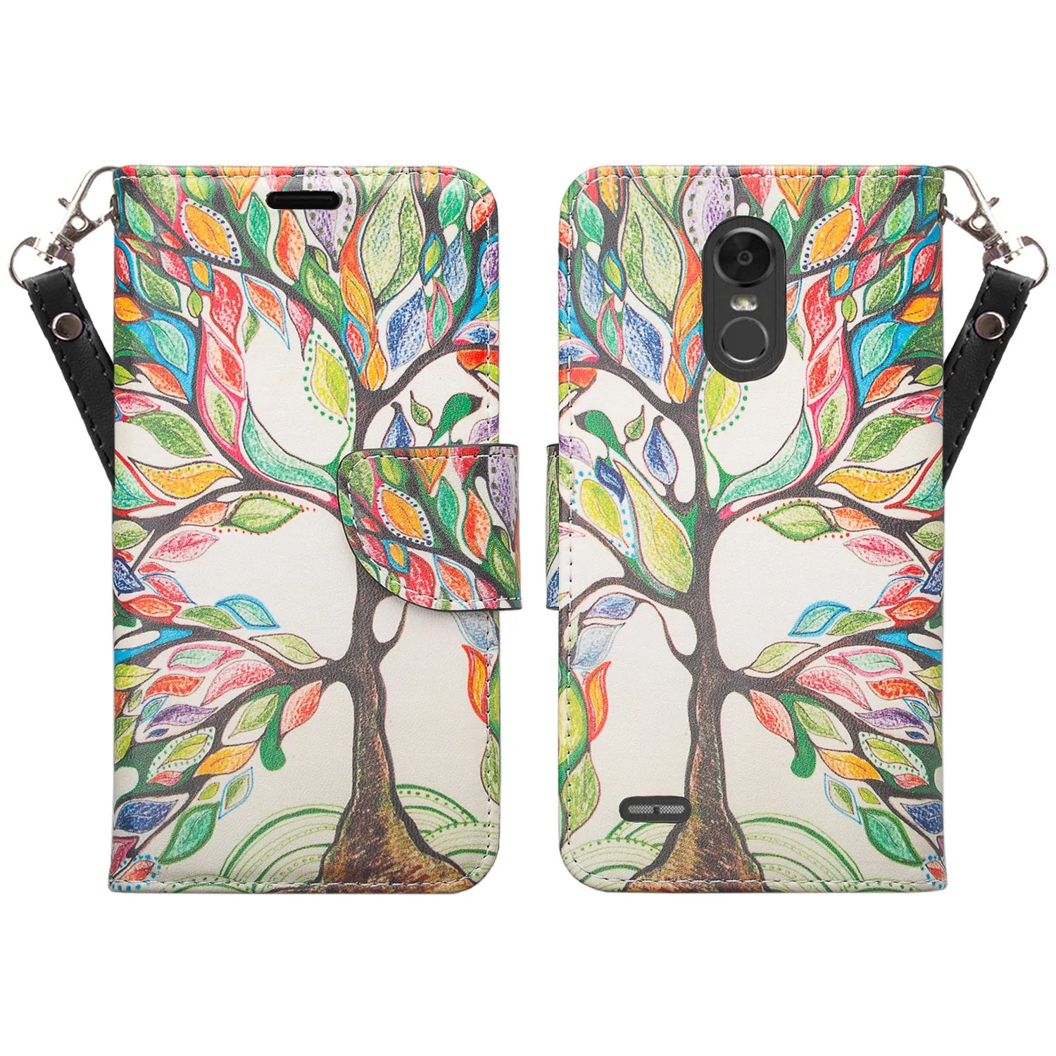 LG Stylo 3 Case, LG Stylus 3 Wrist Strap Pu Leather Magnetic Flip Fold[Kickstand] Wallet Case with ID & Card Slots - Colorful Tree