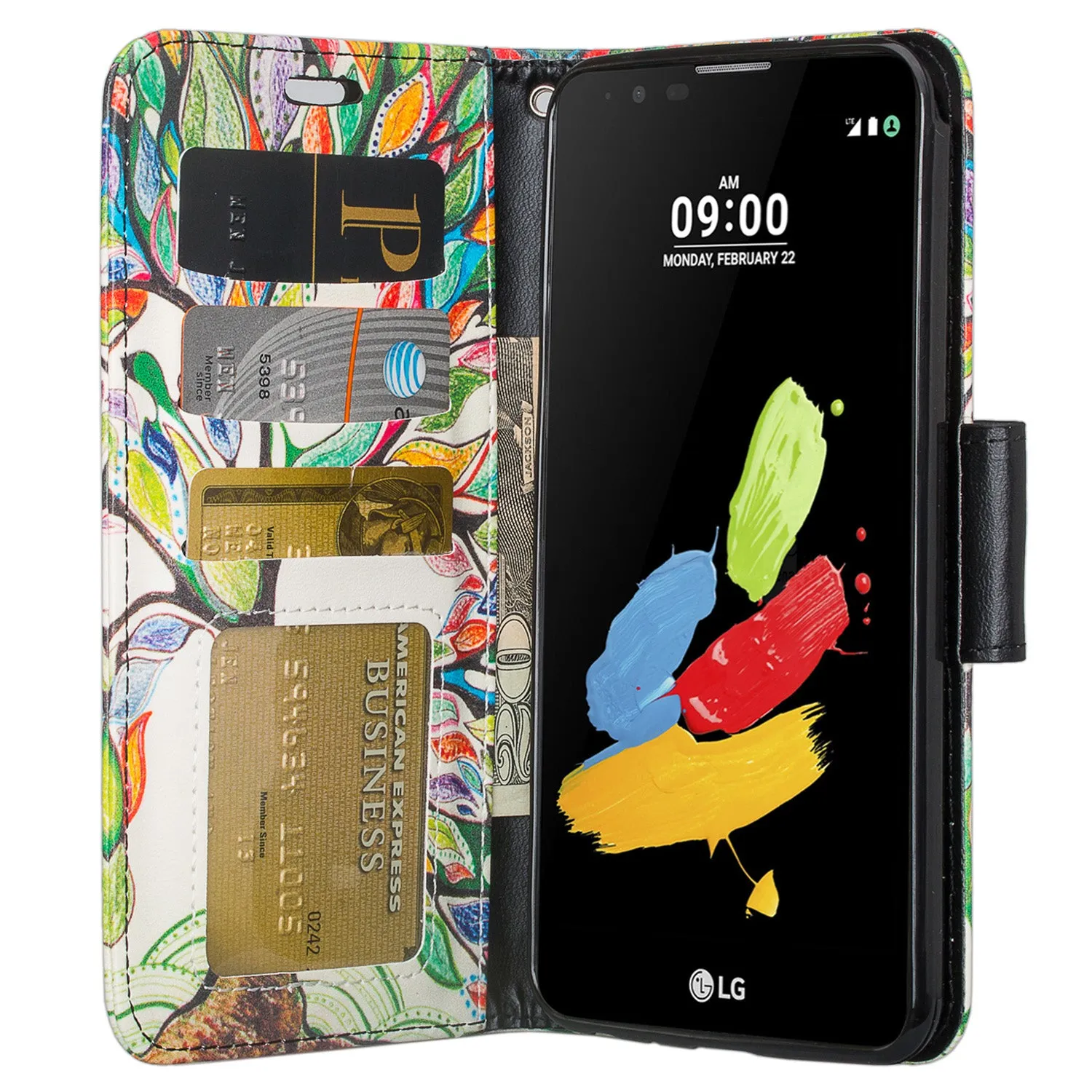 LG Stylo 3 Case, LG Stylus 3 Wrist Strap Pu Leather Magnetic Flip Fold[Kickstand] Wallet Case with ID & Card Slots - Colorful Tree