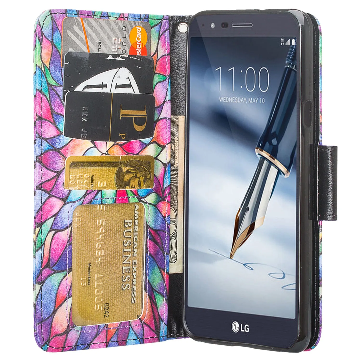 LG Stylo 5 Case, Stylo 5 Wallet Case, Wrist Strap Pu Leather Wallet Case [Kickstand] with ID & Credit Card Slots - Rainbow Flower