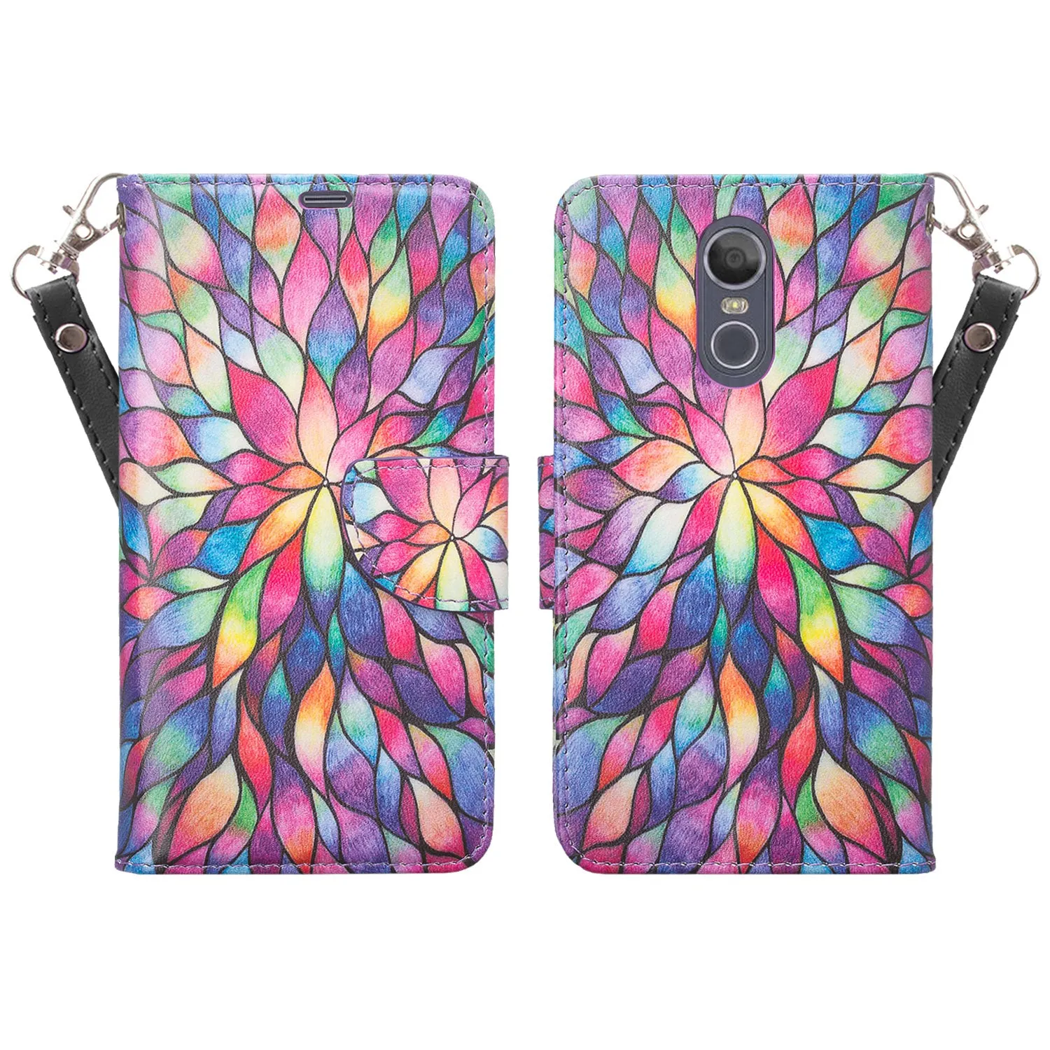 LG Stylo 5 Case, Stylo 5 Wallet Case, Wrist Strap Pu Leather Wallet Case [Kickstand] with ID & Credit Card Slots - Rainbow Flower