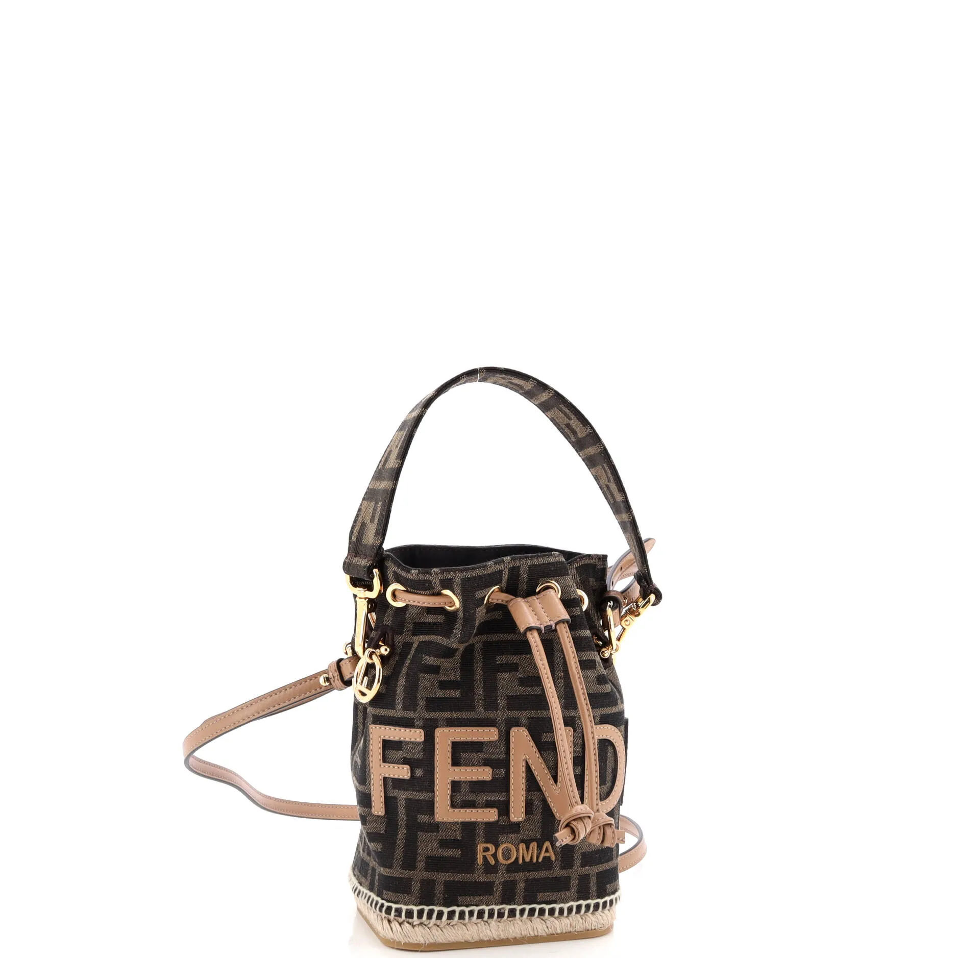 Logo Mon Tresor Bucket Bag Zucca Canvas with Raffia Mini