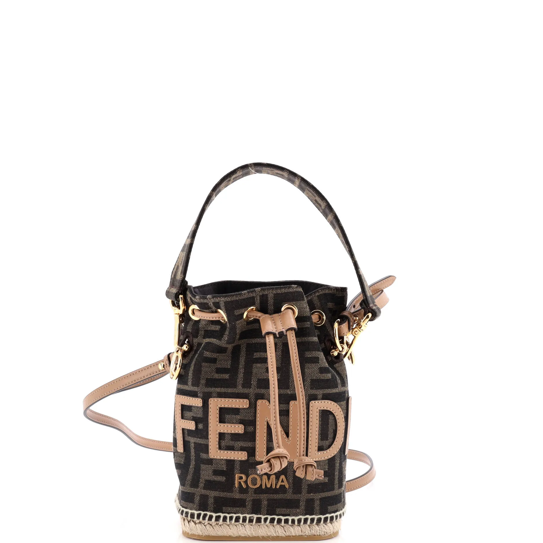 Logo Mon Tresor Bucket Bag Zucca Canvas with Raffia Mini