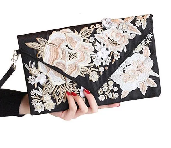 Luxurious Flower Embroidered Envelope Clutch