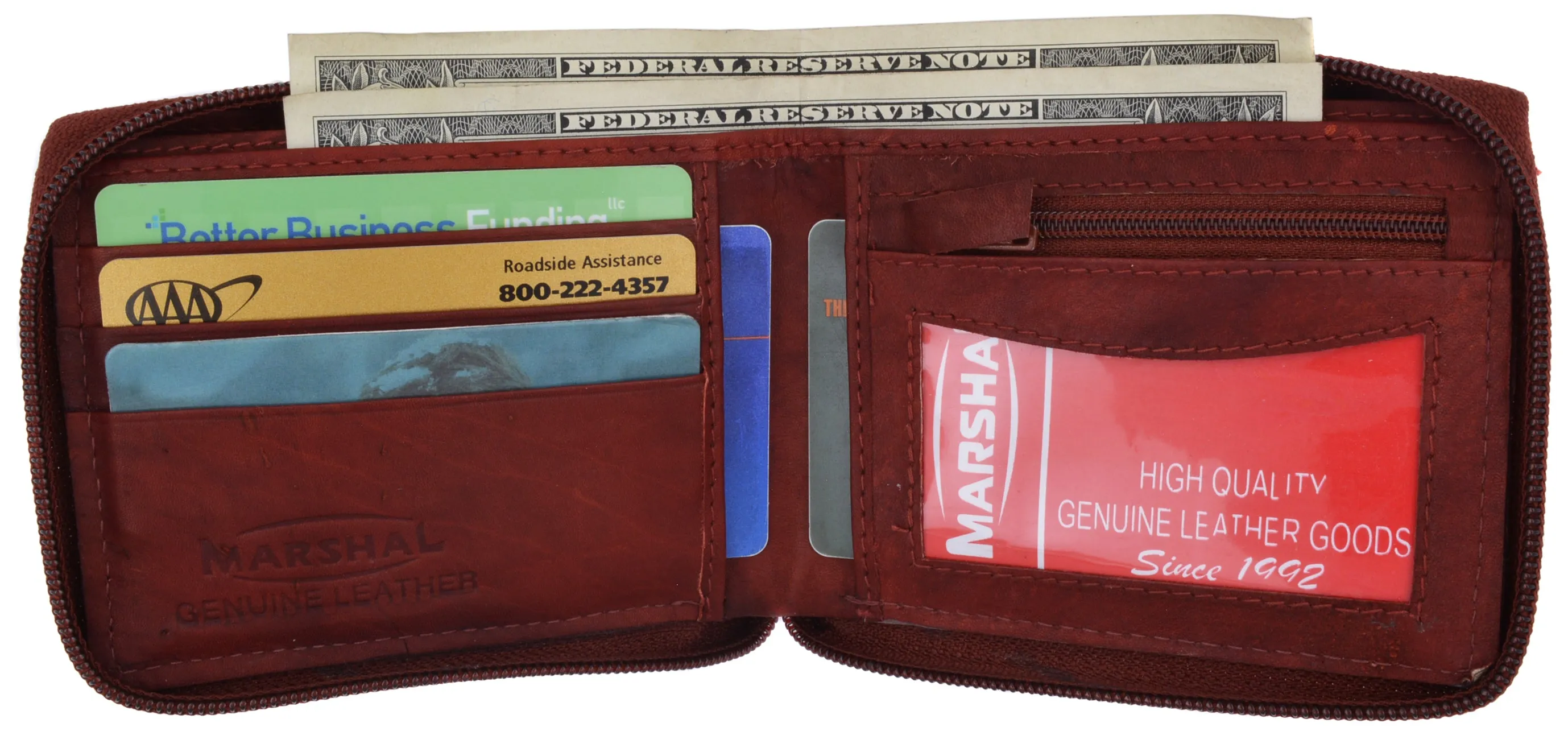 Marshal Genuine Leather Men Zipper Credit Card Holder Removable ID Bifold Wallet