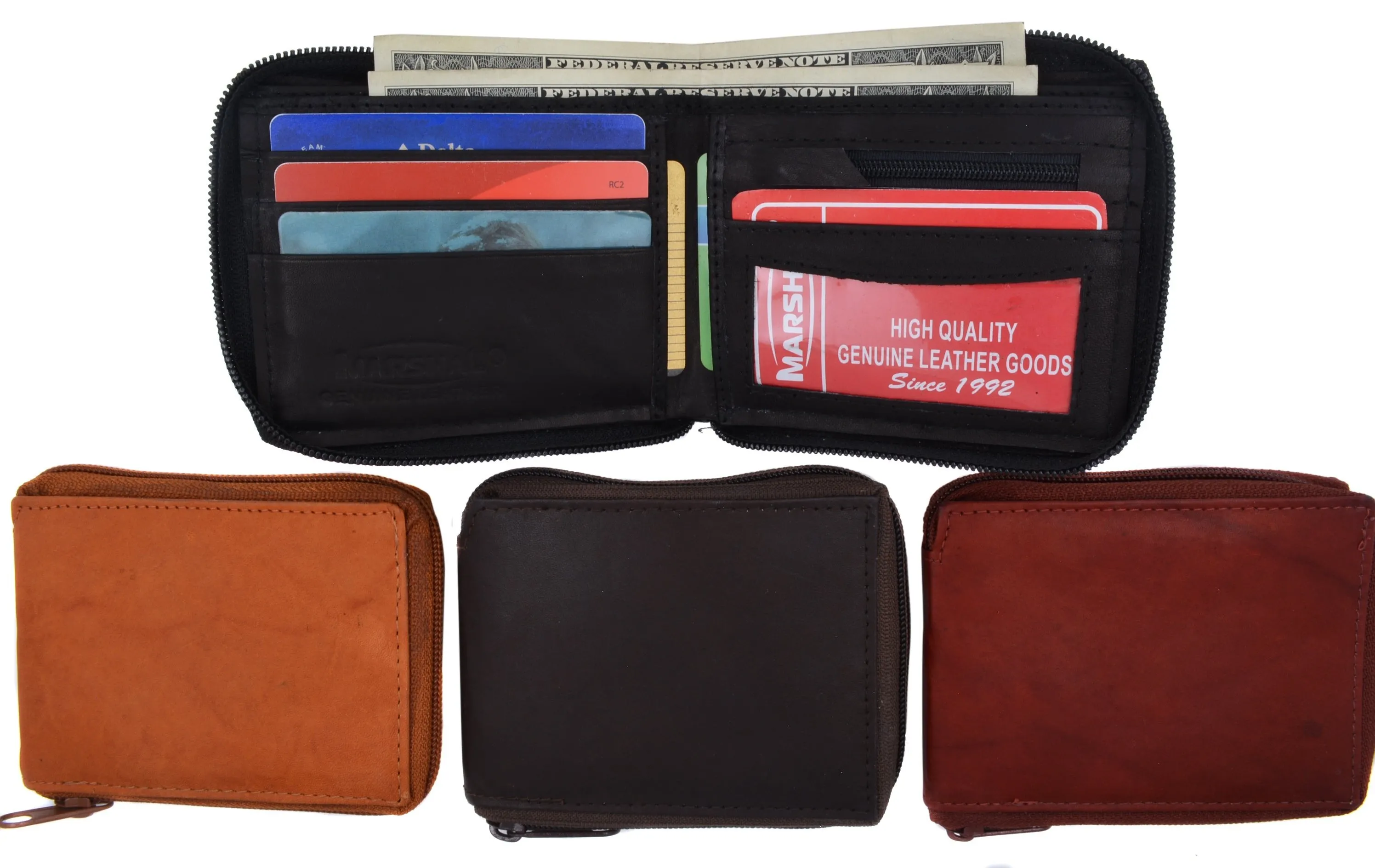 Marshal Genuine Leather Men Zipper Credit Card Holder Removable ID Bifold Wallet