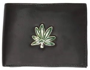 Mens Genuine Leather Bifold ID Card Holder Wallet Marijuana Leaf Design 1146-5 (C)