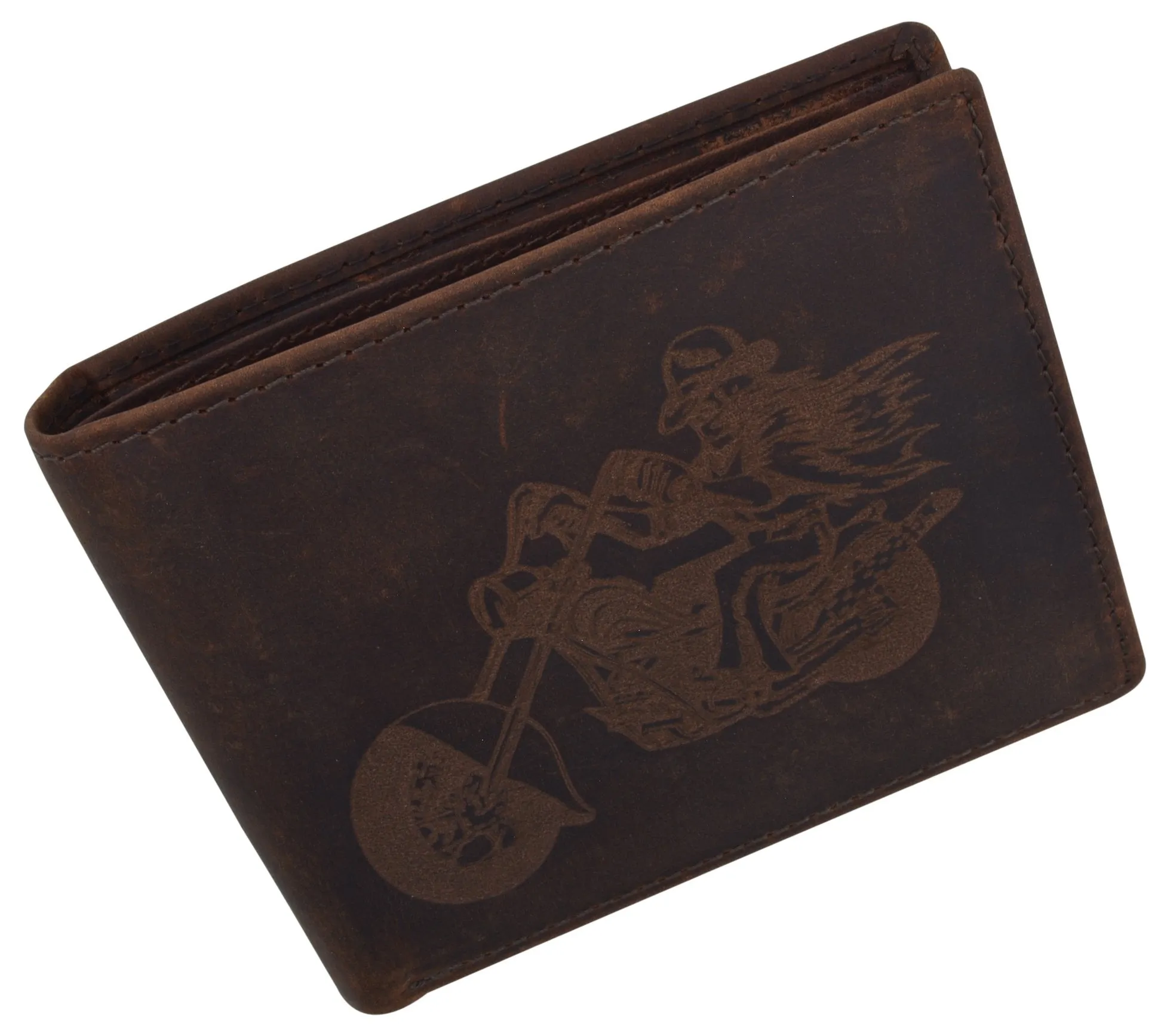 Men's Motorcycle Biker Logo RFID Blocking Genuine Leather Bifold Wallet /53HTC Biker